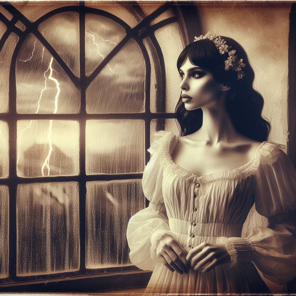 ghostly lady looking out into thunderstorm