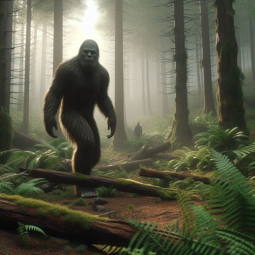 Microsoft Designer AI generated image depicting typical Bigfoot in wooded setting.