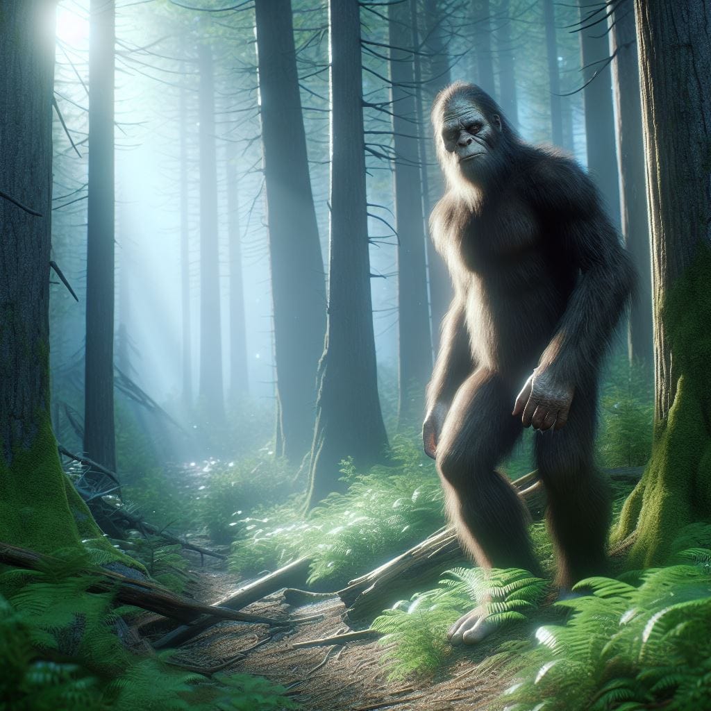 Microsoft Designer AI generated image depicting typical Bigfoot in wooded setting.