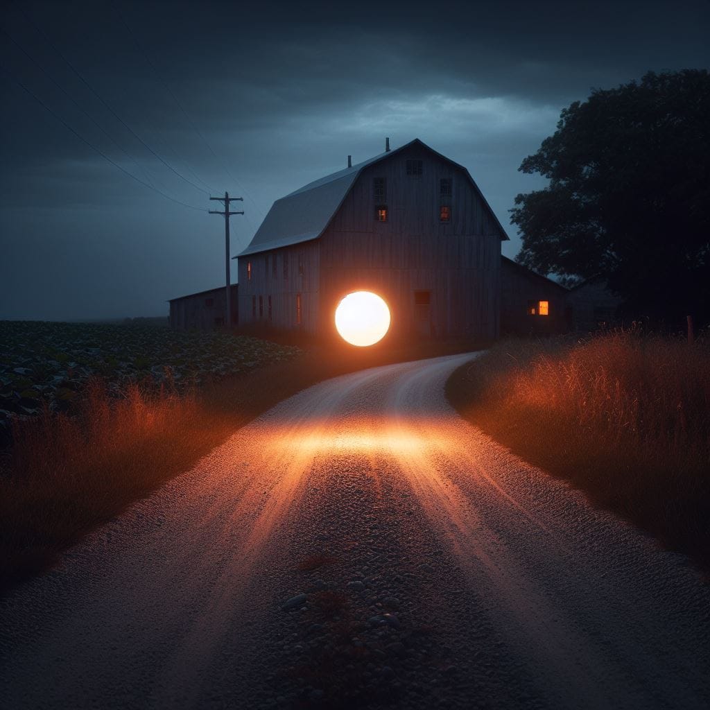 Computer image depicting ghost light on a gravel road in the countryside.