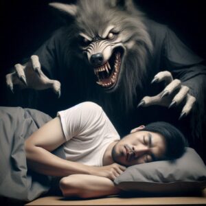 A terrifying werewolf looms over a sleeping man.