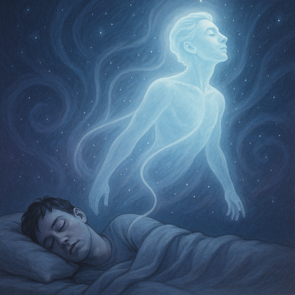 An ethereal, translucent figure floats above a sleeping person, visually representing the concept of astral projection