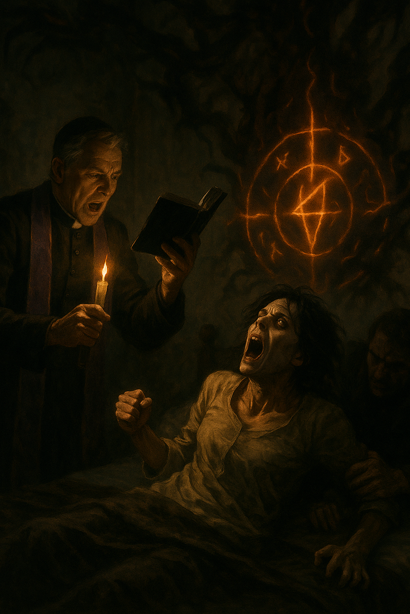A priest holds a crucifix toward a distressed person in a dimly lit room, with supernatural mist swirling around them.
