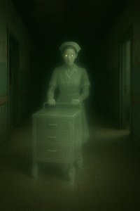 A semi-transparent ghost nurse in a vintage uniform pushes a glowing medication cart down a dark, abandoned hospital hallway.