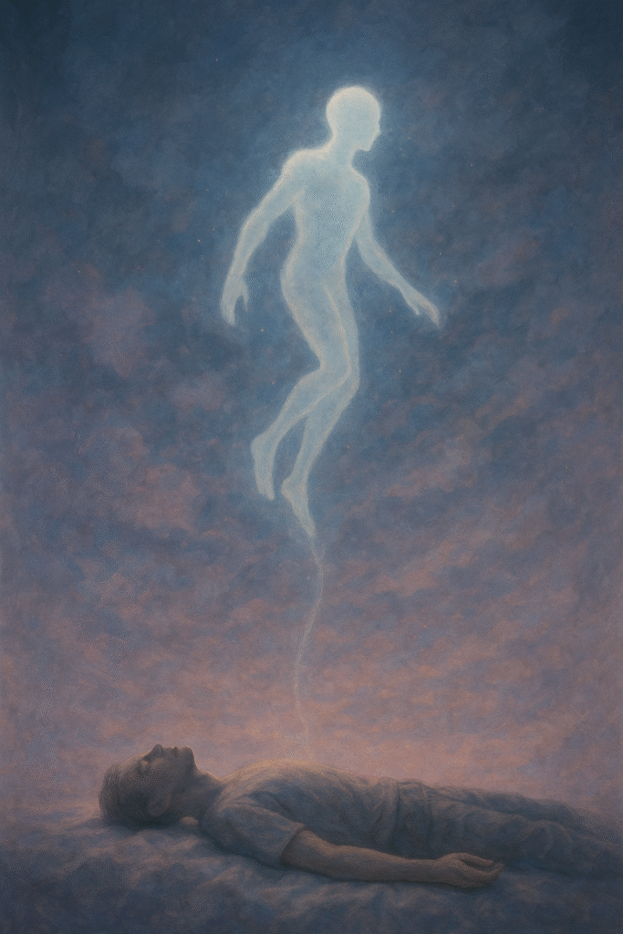 A translucent, ethereal figure floats above a resting person, visually representing an out of body experience.