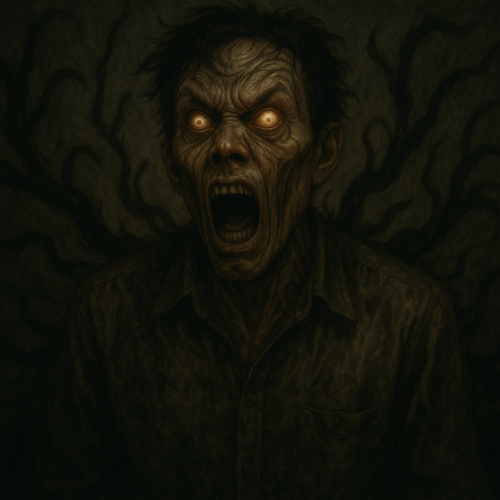 A person with glowing eyes and a twisted expression sits in a dimly lit room, surrounded by ominous shadows.