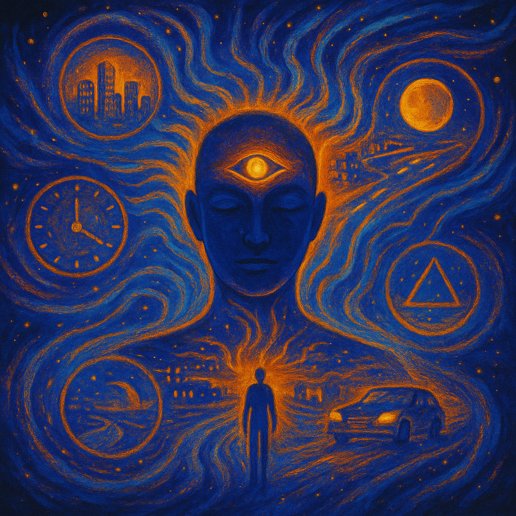 Image illustrating the concept of precognition with a luminous third eye and ethereal visions of the future emerging from the mind