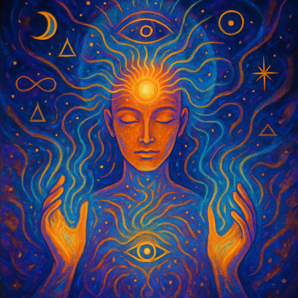 Image depicting an abstract representation of psychic abilities, featuring a glowing aura and swirling mystical energy.