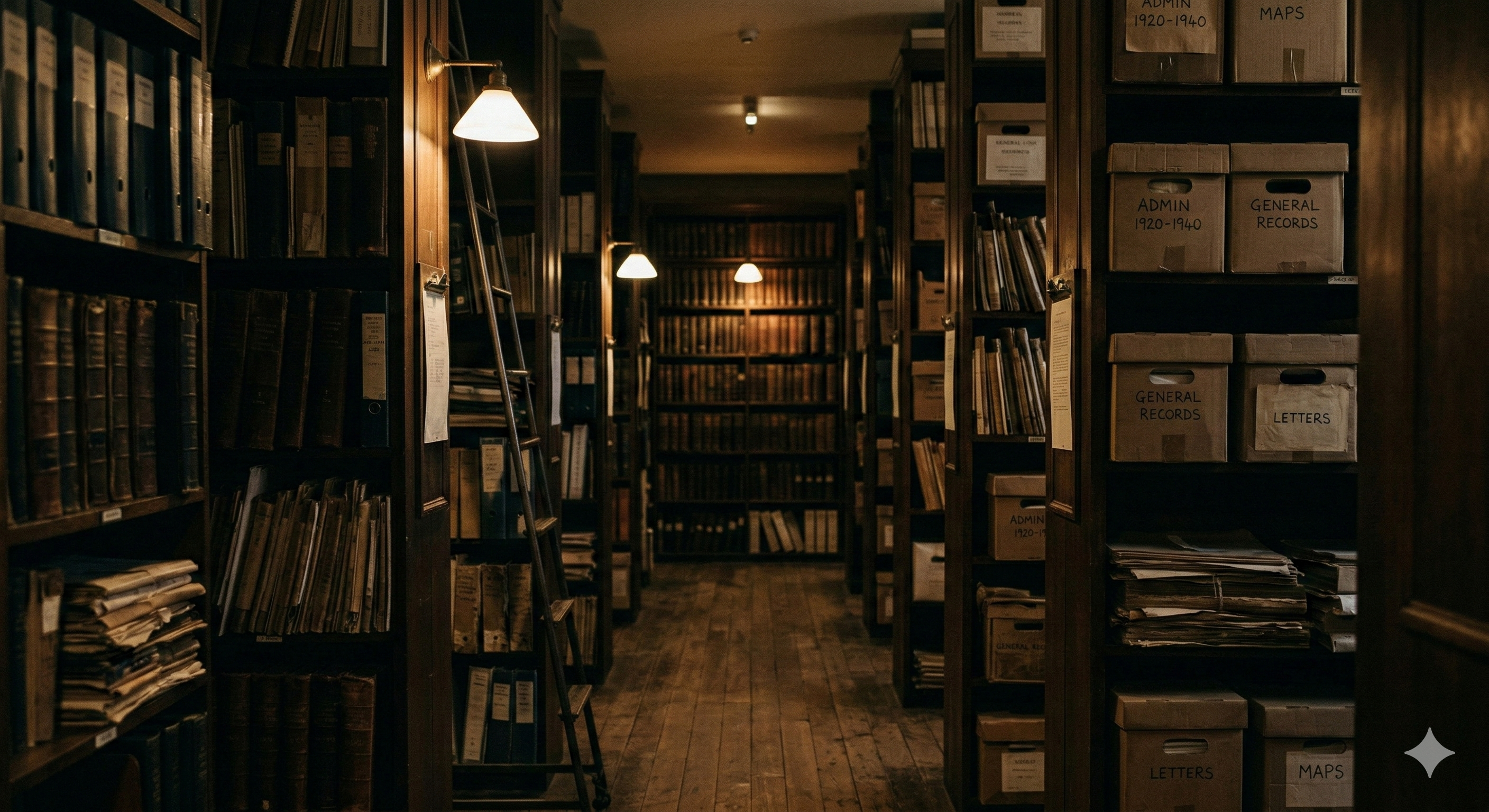 Image used as decoration to represent an old file room complete with shelving, boxes, and volumes of books.