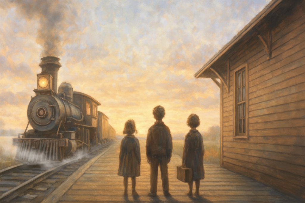 Image in a watercolor style depicting three children standing on a train platform beside a small town depot as they wait on the arriving steam train.