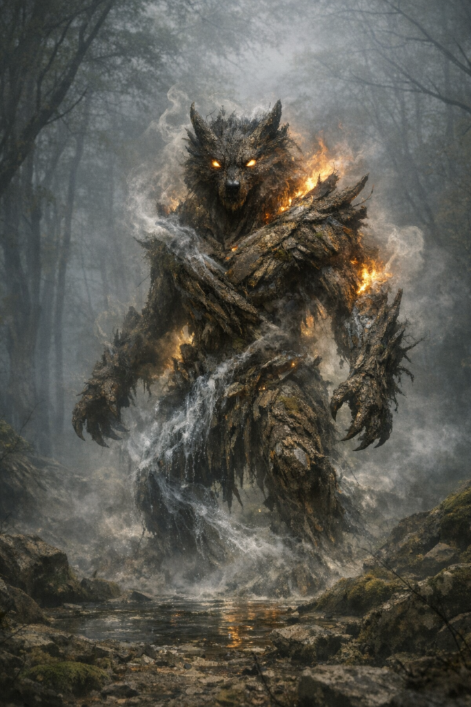 A glowing elemental figure composed of swirling earth, fire, water, and air stands protectively in a misty forest clearing, radiating ancient energy and territorial presence.