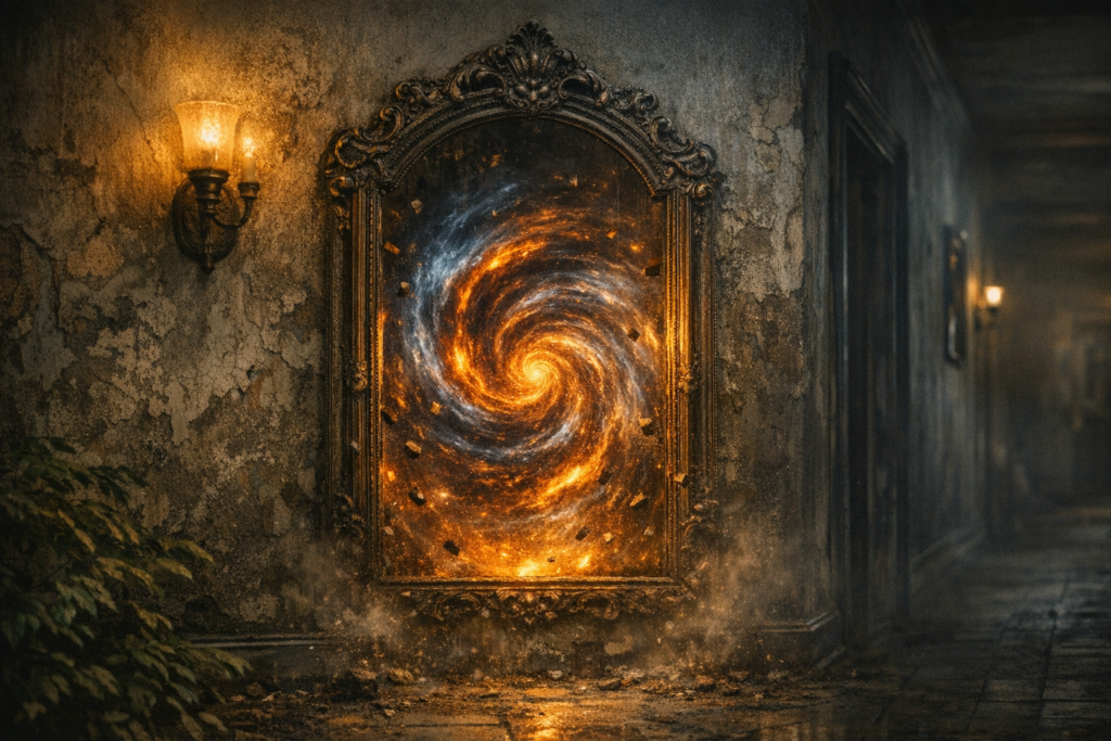 A swirling portal of fiery and electric energy glows within a crumbling wooden door, casting flickering light across a decayed wall and drawing dust and debris into its spiraling core.