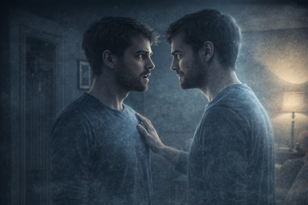 A man stands face-to-face with his sinister doppelgänger in a dimly lit room, shadows flickering around them.