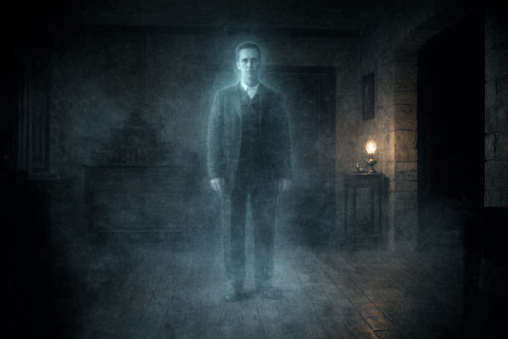 A fully formed spectral figure materializes in a dim, timeworn room, its human features eerily clear against the surrounding darkness.