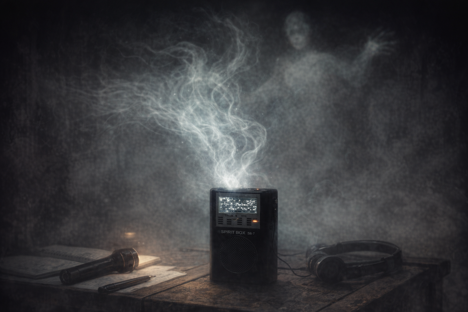 A Spirit Box scans radio frequencies on a worn investigator’s table as ghostly wisps rise into the dark.