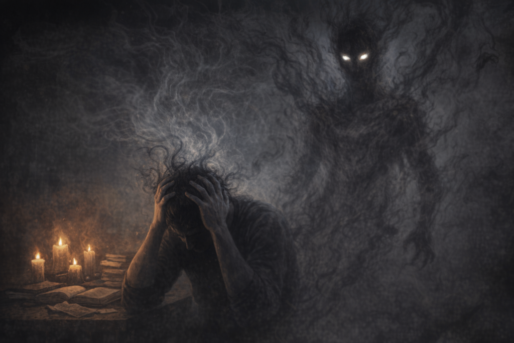 A shadowy tulpa with glowing eyes rises from a thinker’s swirling mental energy.